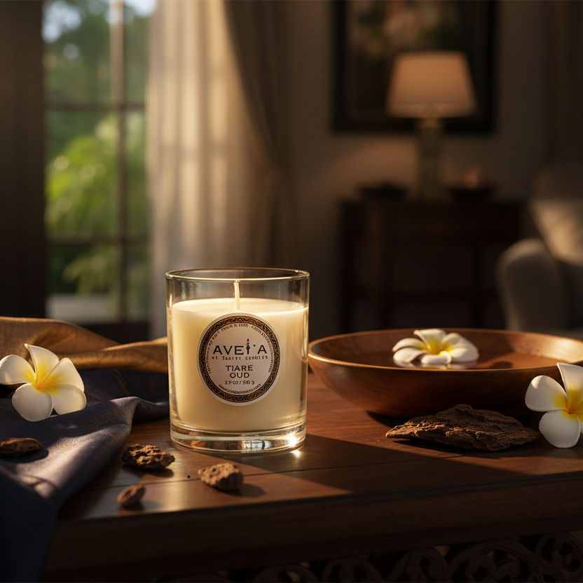 Bougie Tiare Oud 220g - Ambiance luxueuse avec design réel