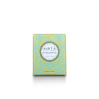 Bougie parfumée Tahiti Candles Pineapple 80g dans son emballage cartonné aux motifs polynésiens turquoise et jaune.