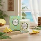 Bougie parfumée Tahiti Candles Pineapple 80g en pot de verre avec emballage turquoise à motifs polynésiens