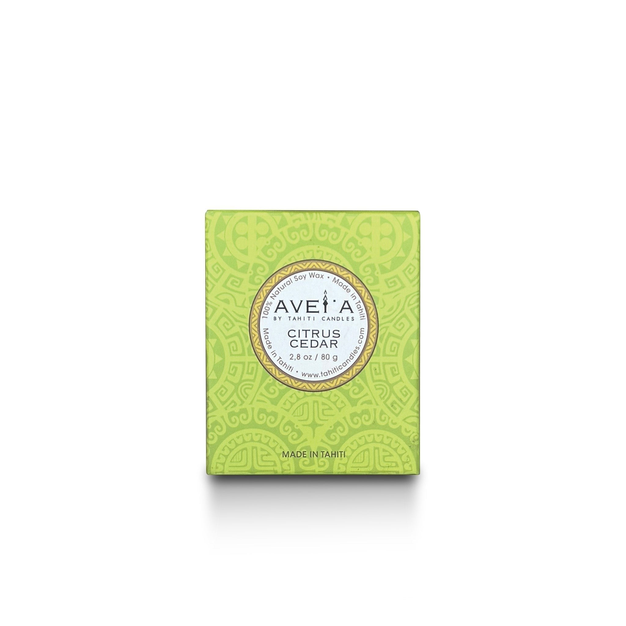 Boîte de bougie parfumée Tahiti Candles Citrus Cedar avec motifs polynésiens verts, cire naturelle 80g