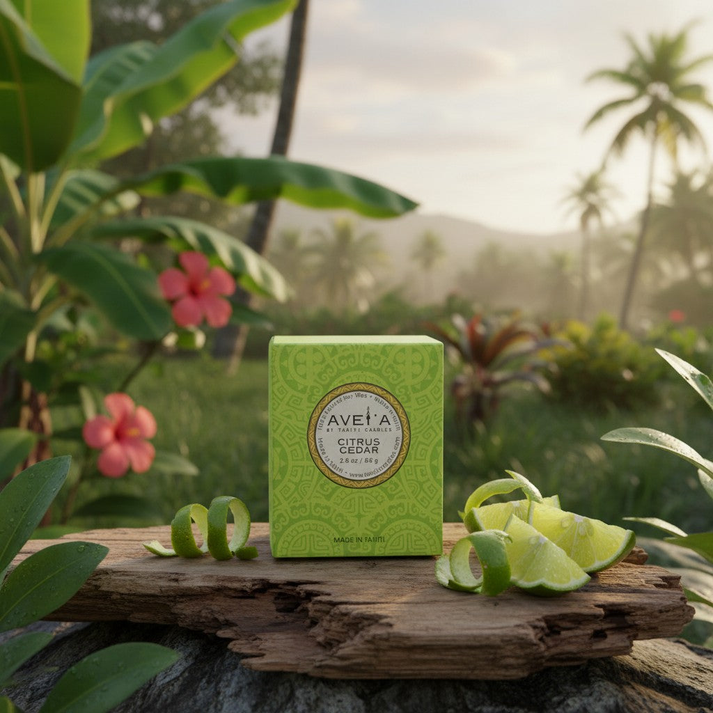 Bougie Tahiti Candles Citrus Cedar 80g dans son emballage vert décoré, posée sur un bois flotté avec des citrons verts.