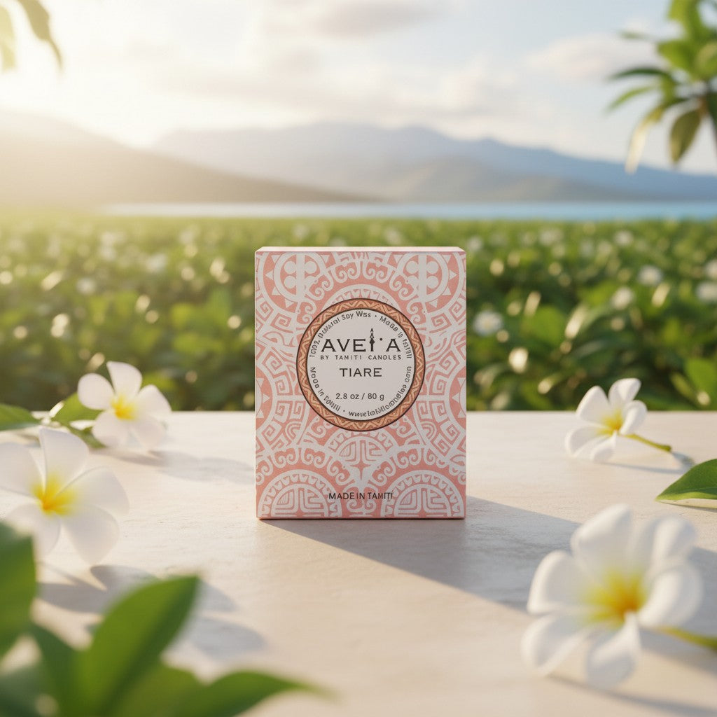 Bougie parfumée Tahiti Candles Fleur de Tiare 80g dans son emballage décoré de motifs polynésiens roses et blancs