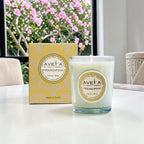 Bougie parfumée Tahiti Candles Frangipani 80g en pot de verre avec sa boîte jaune à motifs artisanale