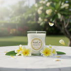 Bougie parfumée Tahiti Candles Frangipani 80g en pot de verre, entourée de fleurs de frangipanier sur une table en marbre