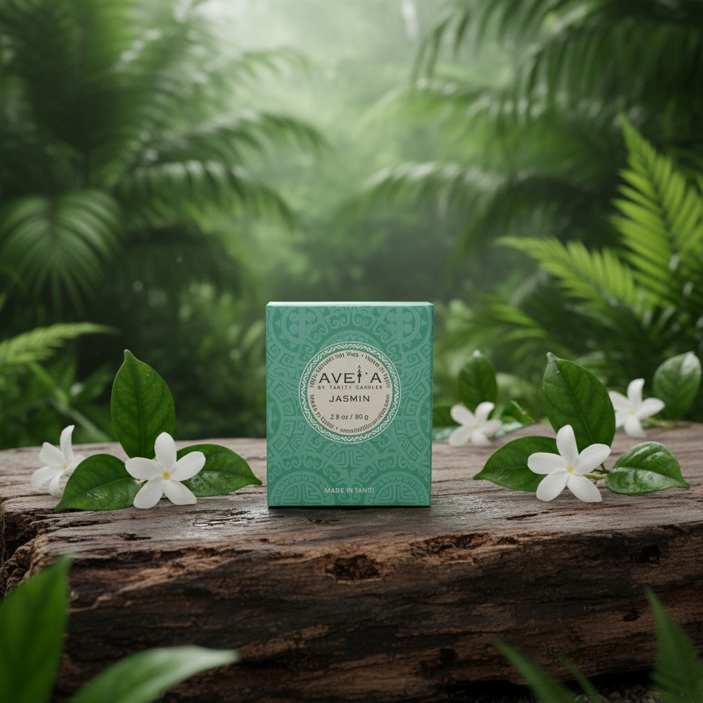 Bougie parfumée Tahiti Candles au jasmin dans son emballage vert décoré, posée sur un tronc d'arbre en forêt tropicale