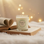 Bougie parfumée Tahiti Candles au jasmin dans un pot en verre, posée sur un livre ouvert, ambiance douce et romantique.