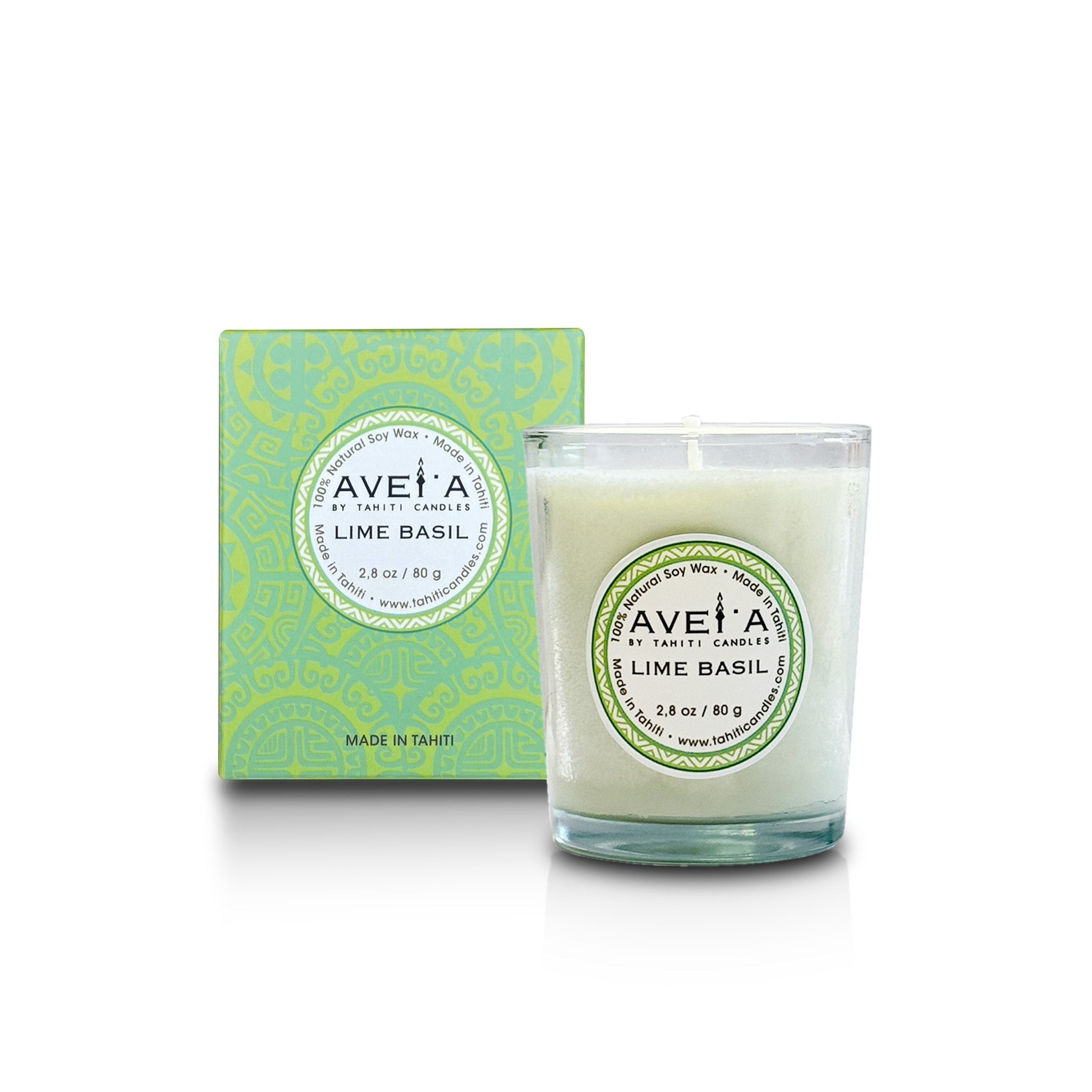 Bougie parfumée Tahiti Candles Lime Basil 80g en cire naturelle dans un pot en verre avec sa boîte cadeau décorée