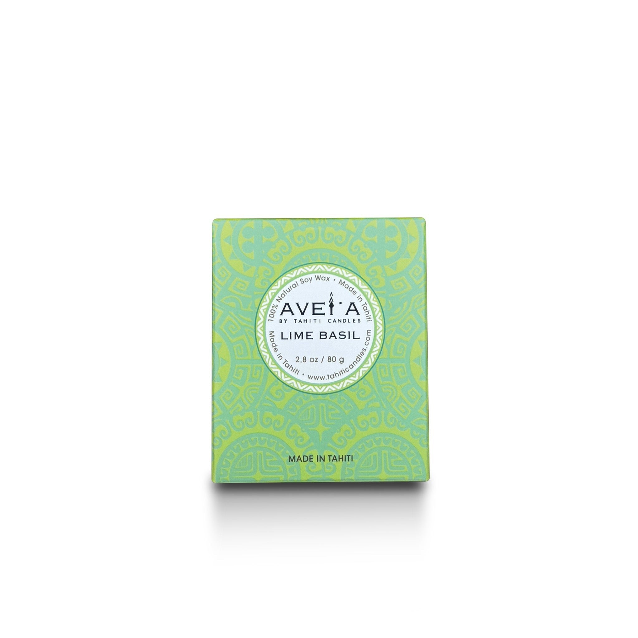 Boîte de bougie parfumée Tahiti Candles Lime Basil 80g avec motifs polynésiens verts et blancs