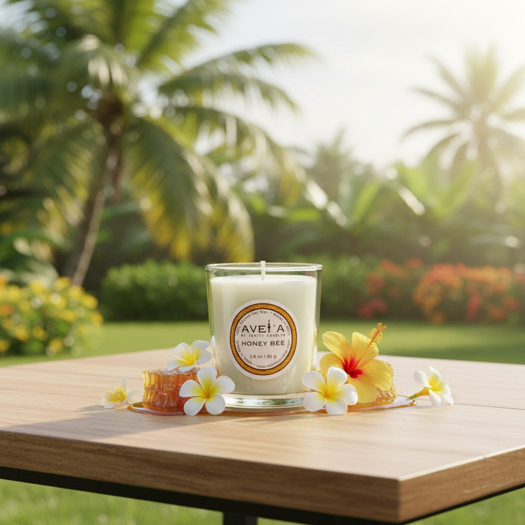 Bougie parfumée Tahiti Candles Honey Bee 80g en pot de verre, décorée de fleurs tropicales et de miel sur une table.
