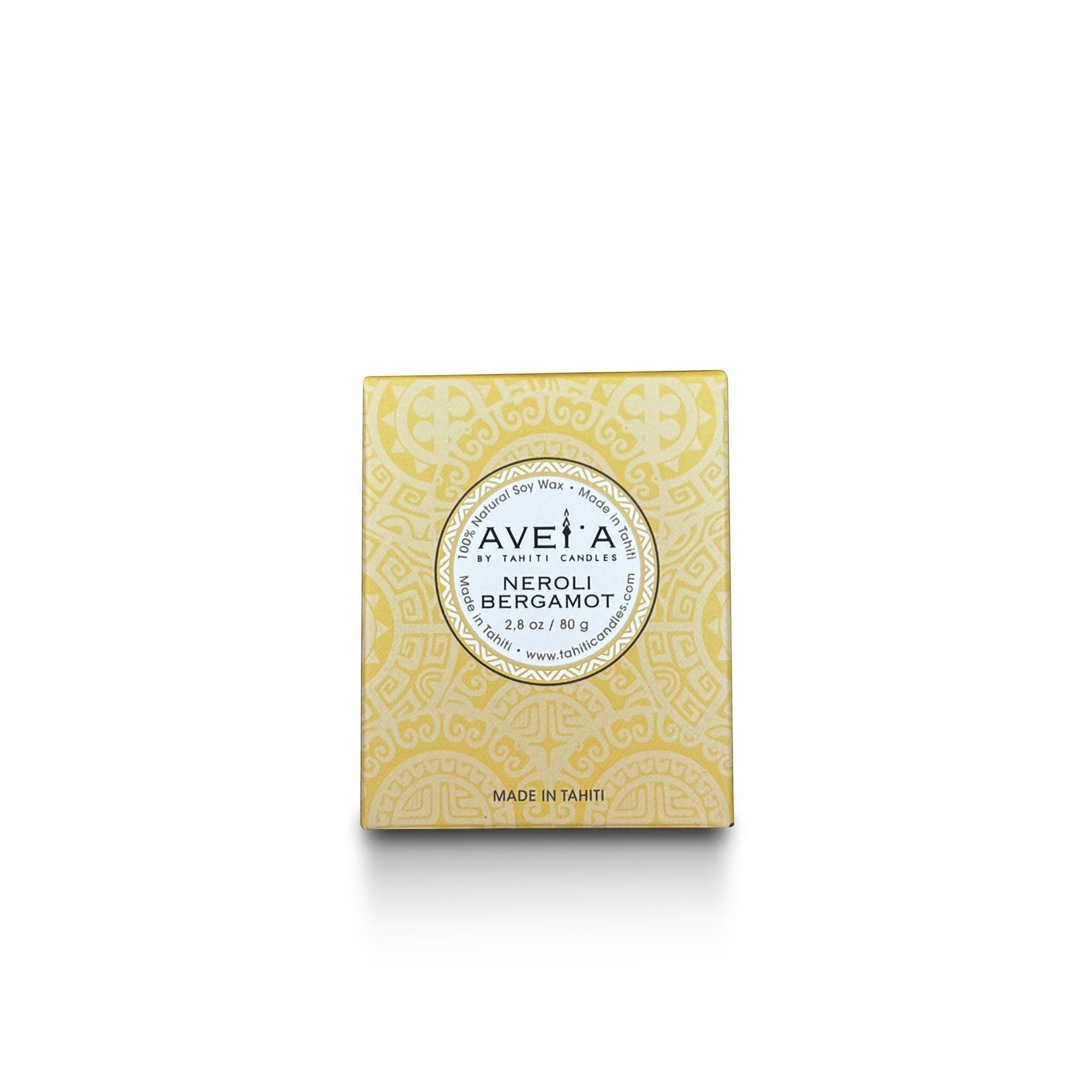 Boîte de bougie Tahiti Candles Neroli Bergamot 80g avec motifs polynésiens dorés et étiquette artisanale