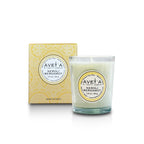 Bougie parfumée Tahiti Candles Neroli Bergamot 80g en pot de verre avec son emballage cartonné jaune à motifs