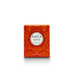 Boîte de bougie parfumée Orange Tahiti Candles avec motifs polynésiens traditionnels rouges et orange