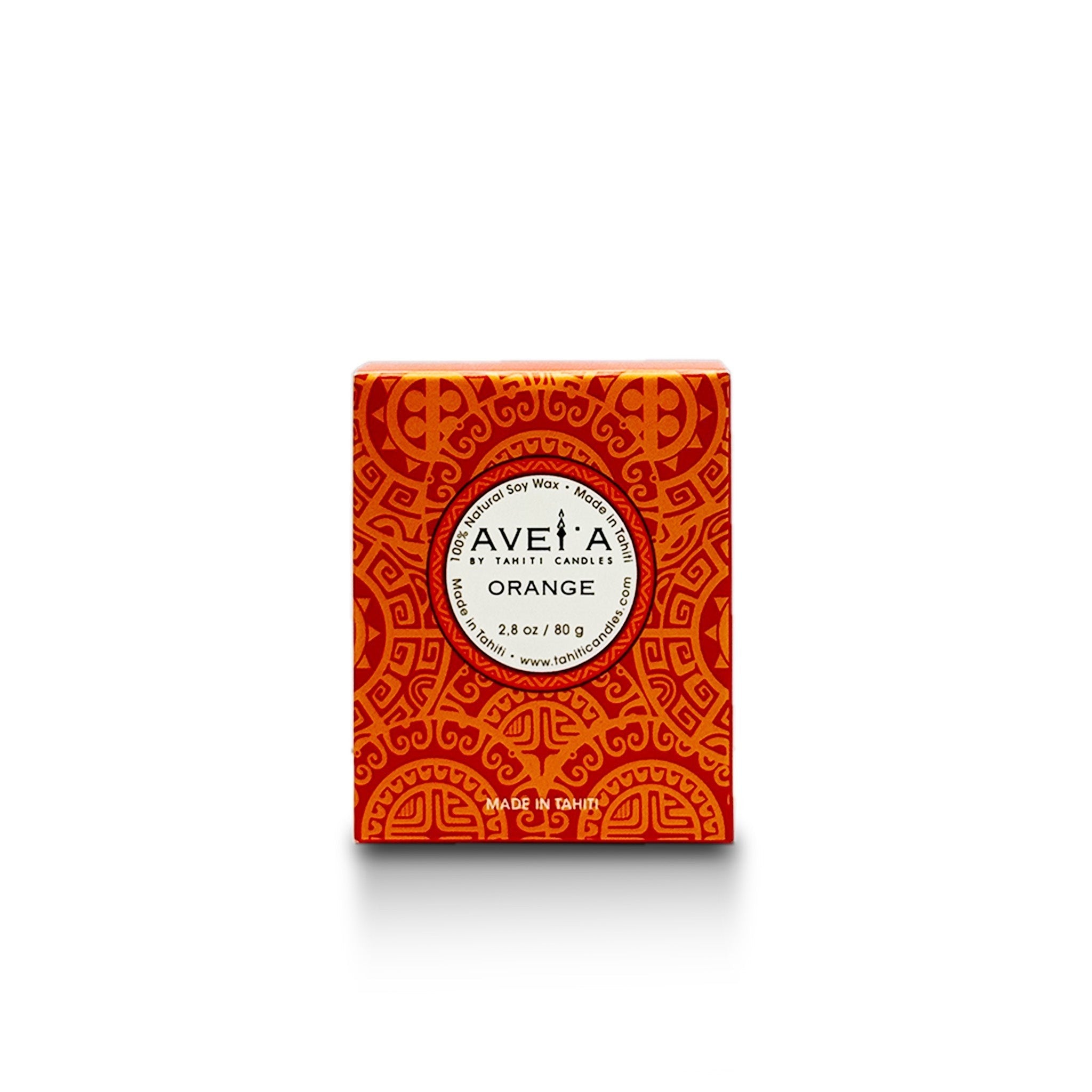 Boîte de bougie parfumée Orange Tahiti Candles avec motifs polynésiens traditionnels rouges et orange