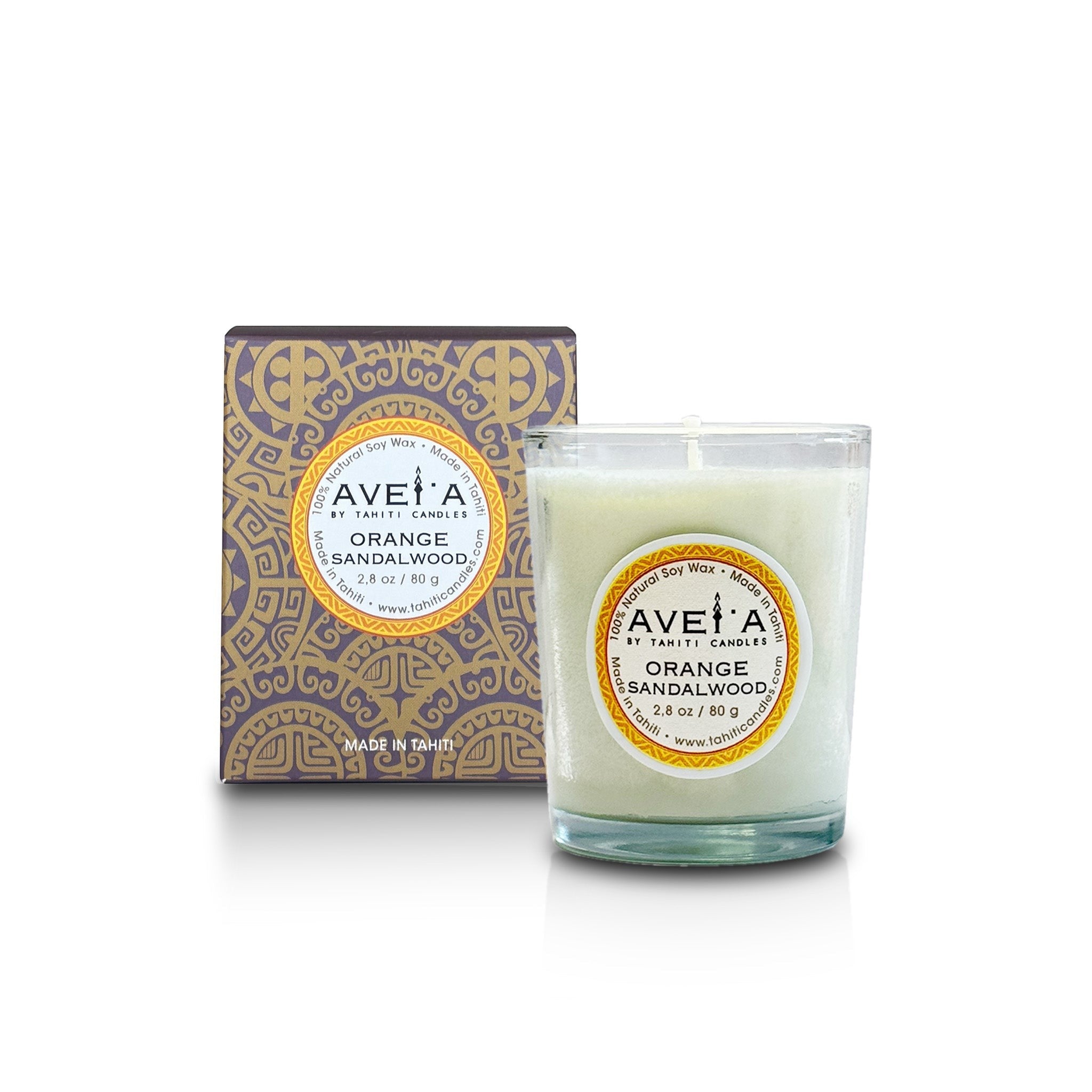 Bougie parfumée Tahiti Candles Orange Santal 80g en pot de verre avec sa boîte décorative aux motifs polynésiens