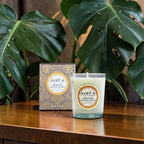 Bougie parfumée Tahiti Candles Orange Santal 80g dans un pot en verre avec sa boîte décorée, ambiance tropicale