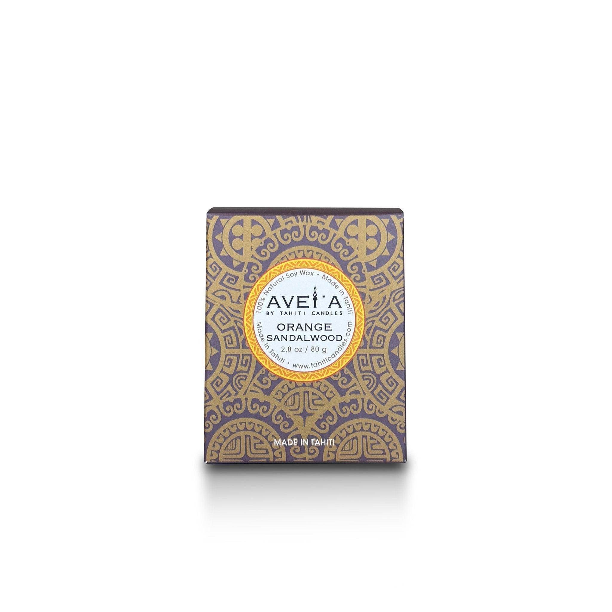 Boîte de bougie Tahiti Candles Orange Santal 80g avec motifs polynésiens dorés sur fond violet