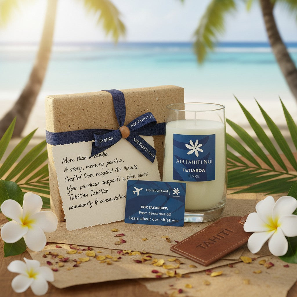 Bougie Tahiti Candles Air Tahiti Nui en verre recyclé avec coffret cadeau, fleurs de tiaré et carte solidaire