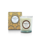 Bougie parfumée Tahiti Candles Enata 80g en cire naturelle avec étiquette artisanale et boîte décorée de motifs