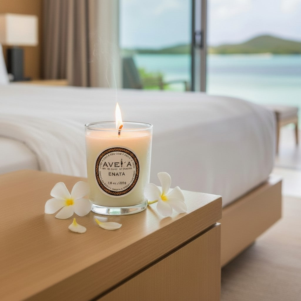 Bougie parfumée Tahiti Candles Enata 80g en cire naturelle avec mèche coton, posée sur une table avec des fleurs tiaré