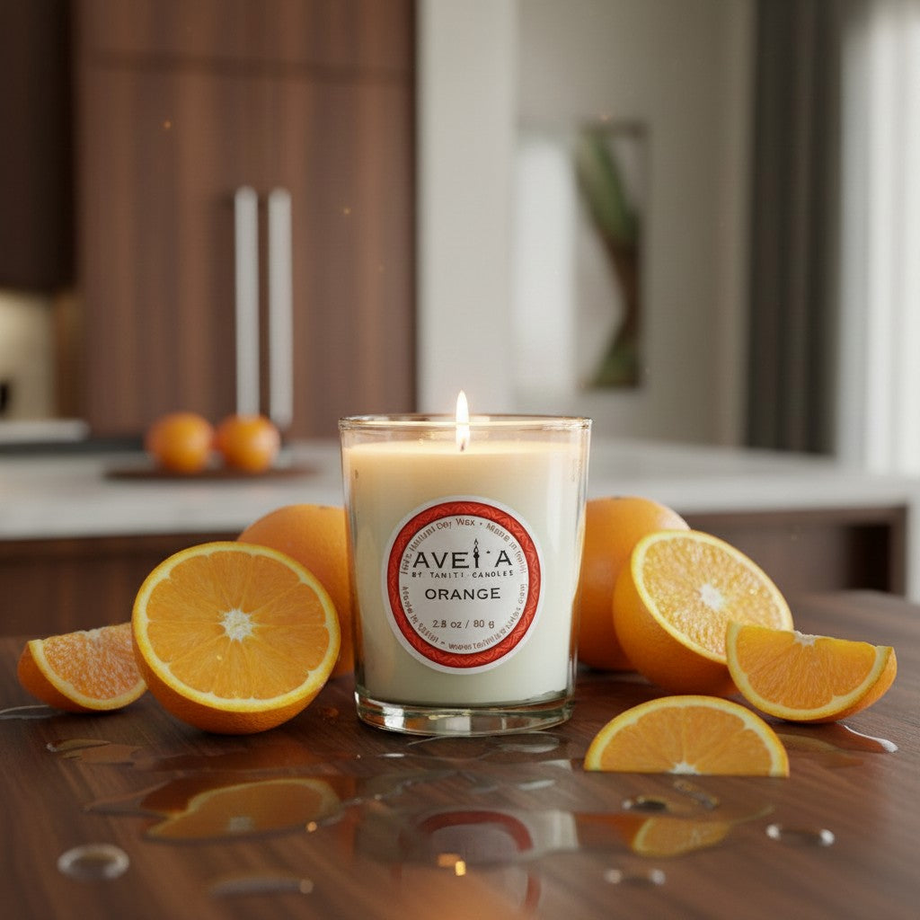 Bougie parfumée Tahiti Candles à l'orange dans un pot en verre, entourée d'oranges fraîches sur une table en bois