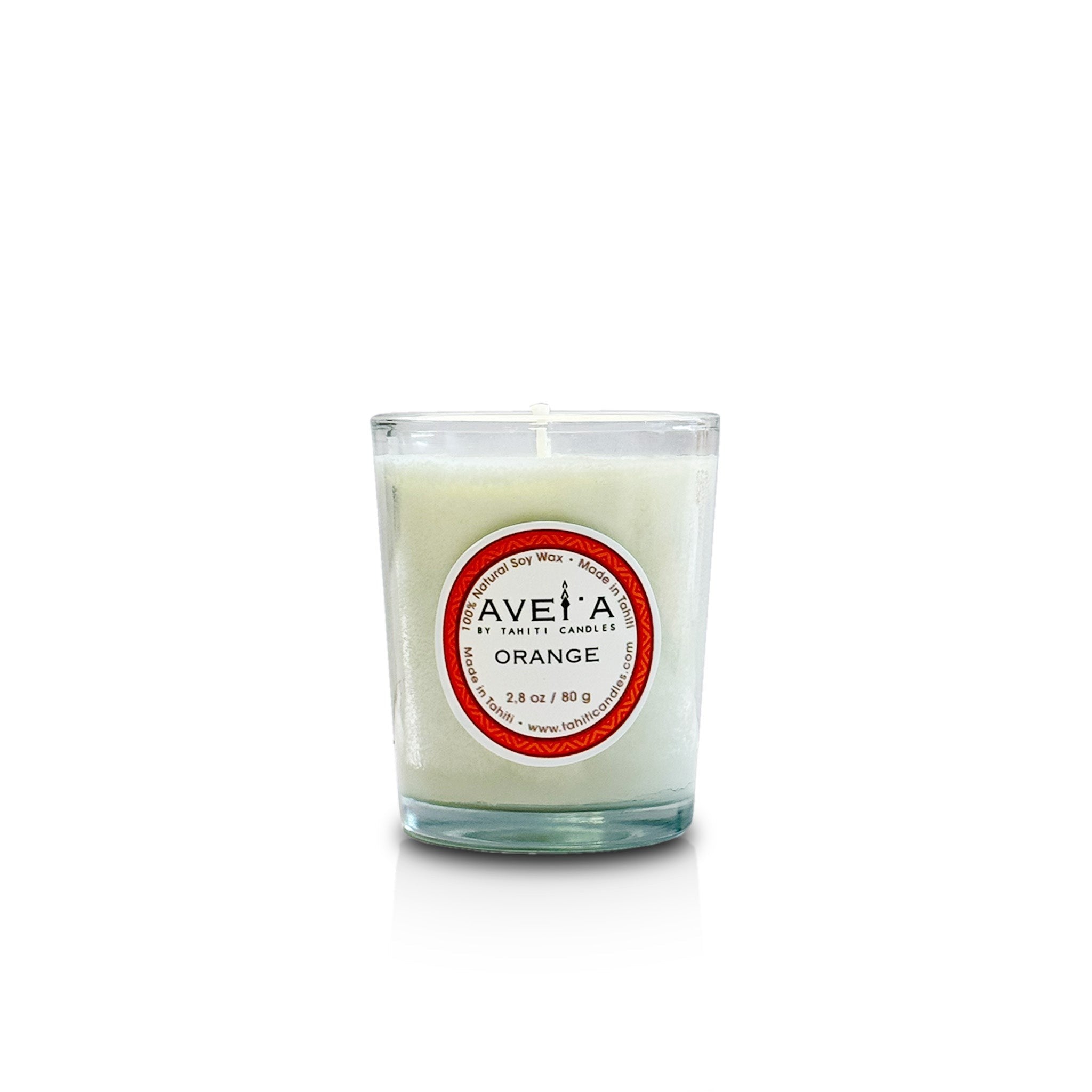 Bougie parfumée Tahiti Candles à l'orange dans un pot en verre, cire végétale naturelle, 80g, fabriquée en Polynésie