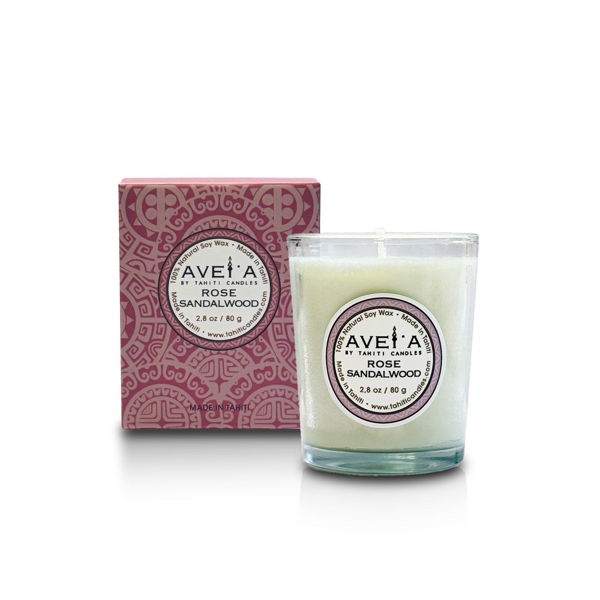 Bougie parfumée Tahiti Candles Rose Sandalwood 80g en cire naturelle avec son coffret décoratif polynésien