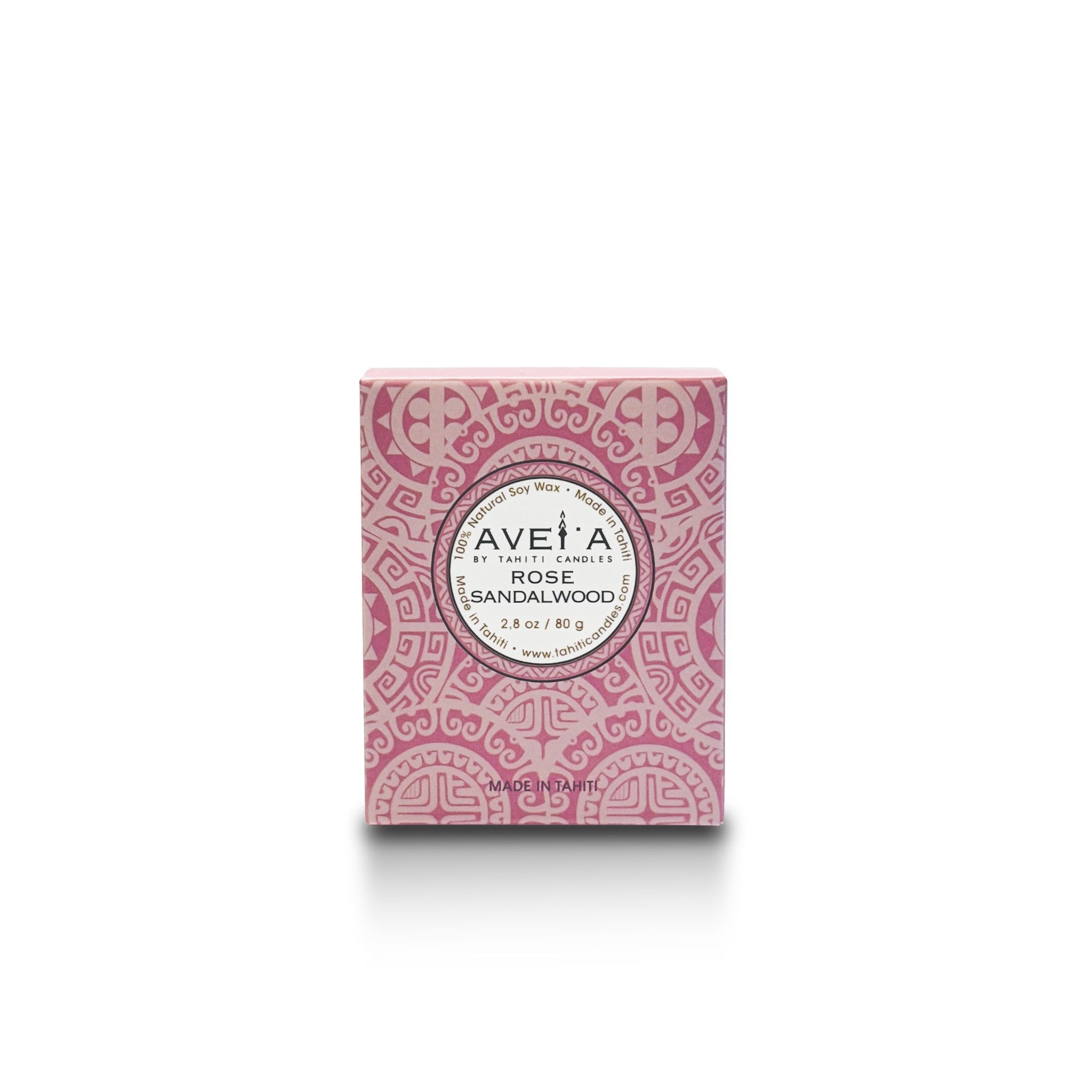 Coffret de bougie Tahiti Candles Rose Sandalwood 80g avec motifs traditionnels polynésiens roses