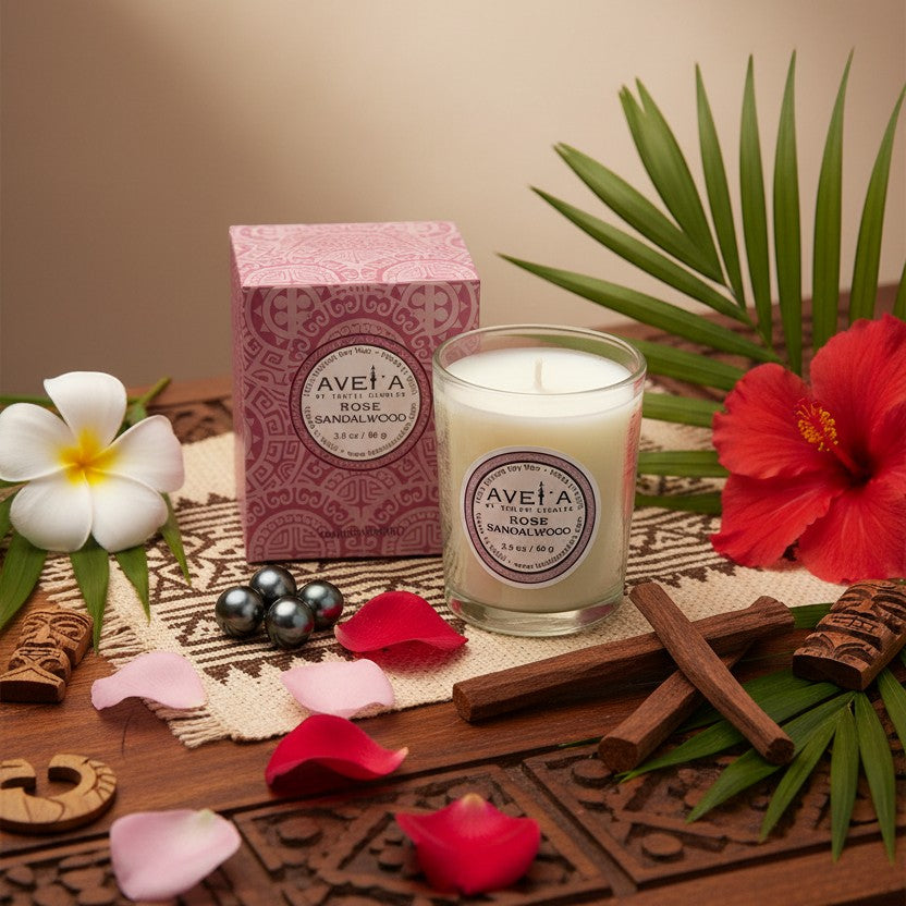 Bougie parfumée Tahiti Candles Rose Sandalwood 80g en cire naturelle dans un verre avec coffret décoré de motifs polynésiens