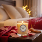 Bougie parfumée Tahiti Candles Rose Sandalwood en cire naturelle dans un verre sur une table avec des pétales de rose