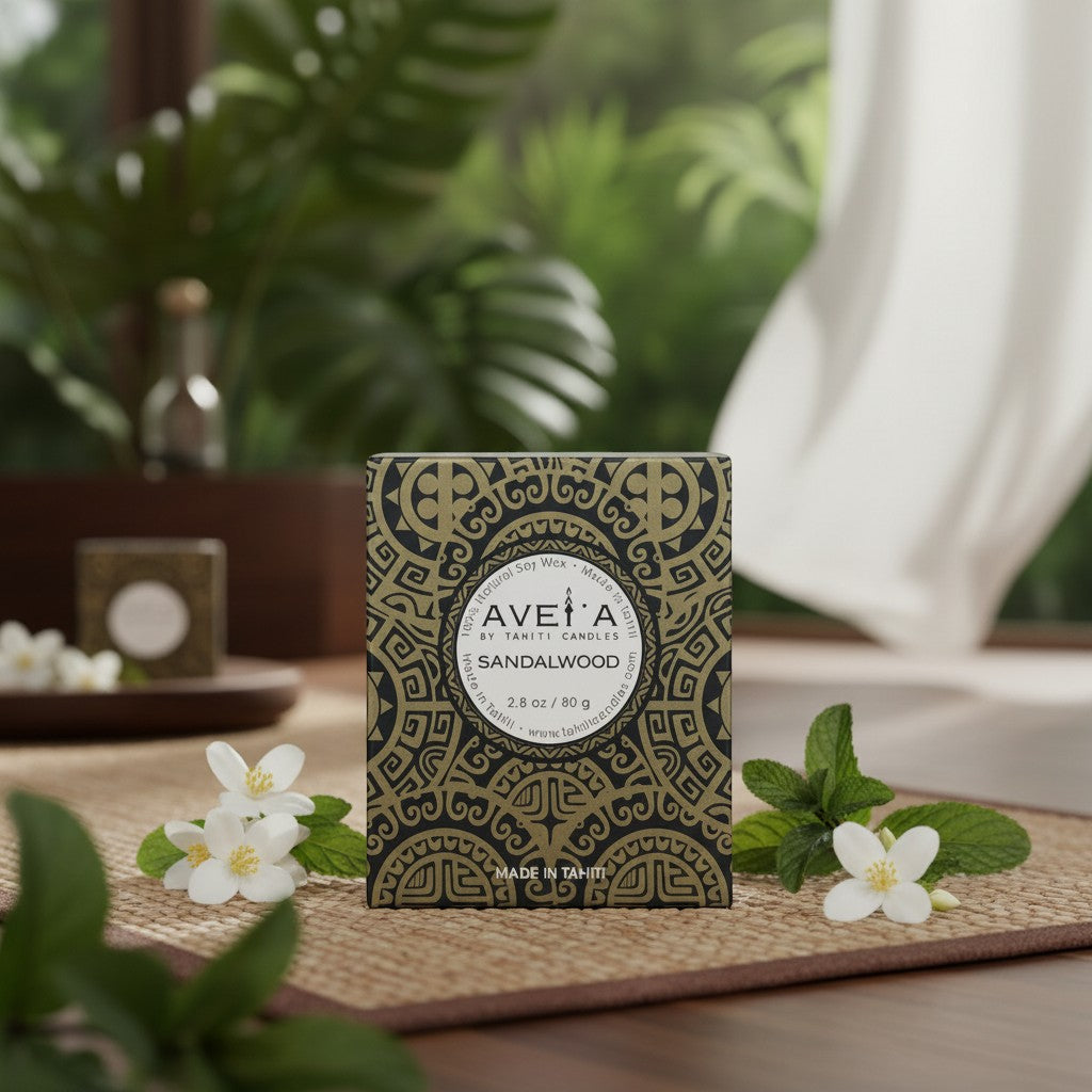 Bougie parfumée Tahiti Candles au bois de santal dans son emballage décoré de motifs polynésiens sur un tapis en bambou