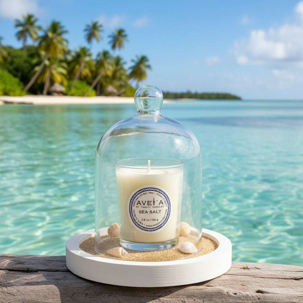Bougie parfumée Tahiti Candles Sea Salt 80g sous cloche en verre sur un socle avec du sable, décor tropical en arrière-plan