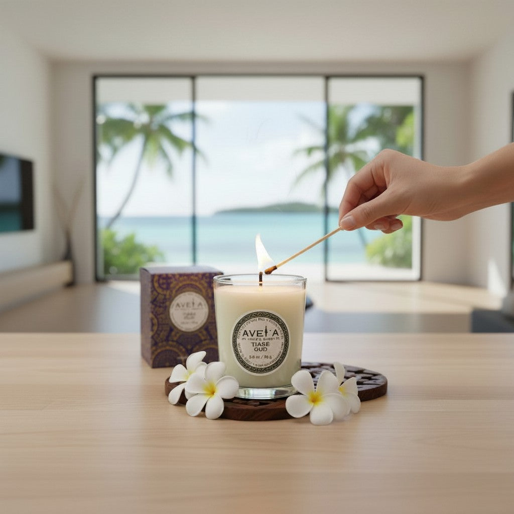 Bougie Tahiti Candles Tiare Oud 80g en cire naturelle avec fleurs de tiaré, allumée dans un intérieur tropical.
