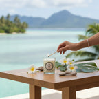 Bougie parfumée Tahiti Candles Tiare Oud 80g en cire naturelle allumée sur une table face au lagon polynésien