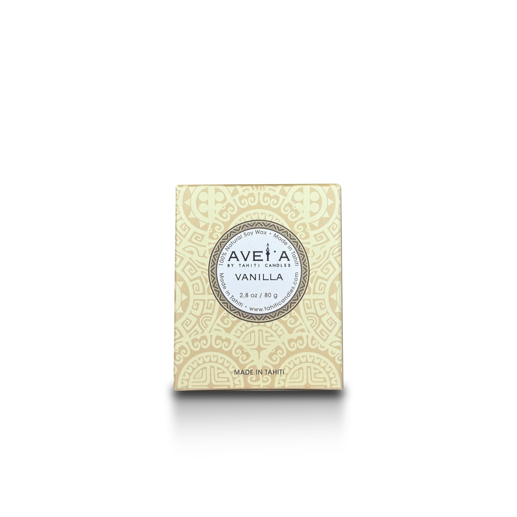 Boîte de bougie parfumée Tahiti Candles Vanilla 80g avec motifs polynésiens beiges et crème