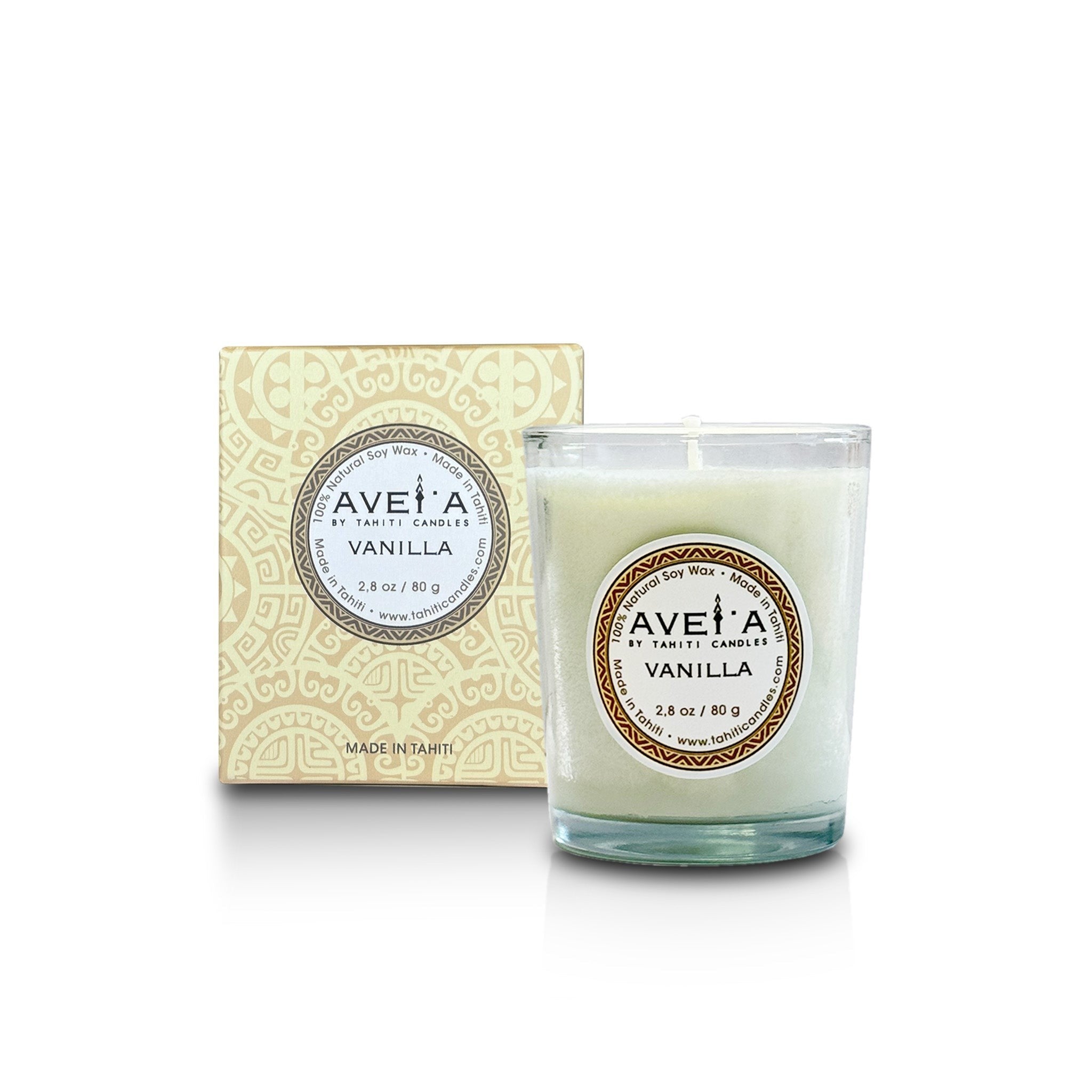 Bougie parfumée Tahiti Candles Vanilla 80g en cire naturelle dans un pot en verre avec sa boîte décorée