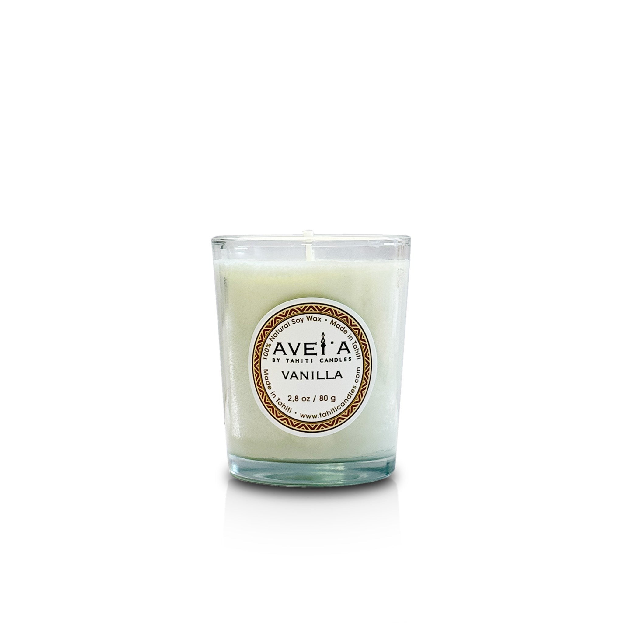 Bougie parfumée Tahiti Candles Vanilla 80g en cire naturelle dans un pot en verre blanc avec mèche en coton