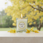 Bougie parfumée Tahiti Candles Ylang Ylang en pot de verre blanc avec mèche allumée et fleurs jaunes en arrière-plan