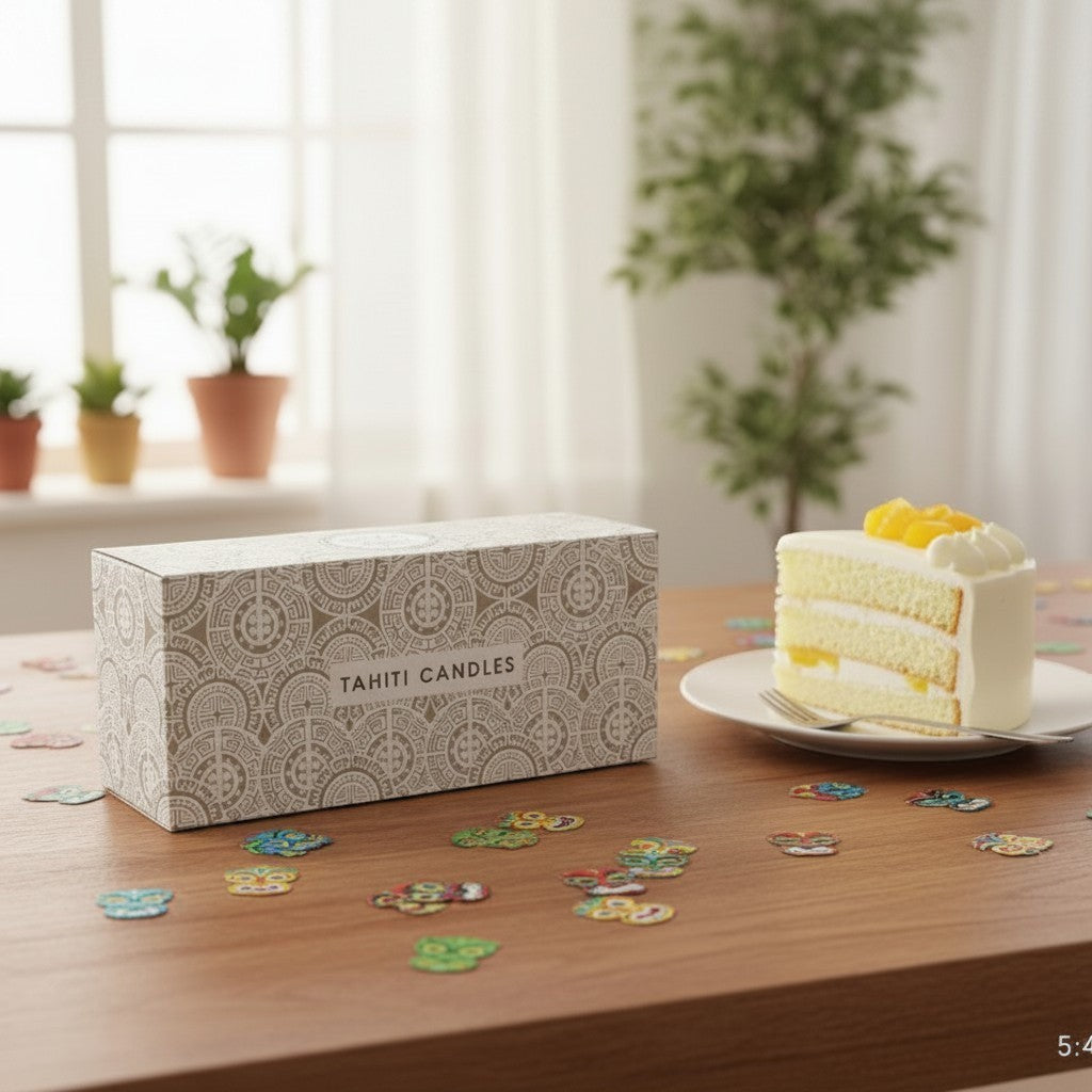 Coffret cadeau Tahiti Candles de 3 bougies artisanales dans une boîte décorée sur une table avec une part de gâteau